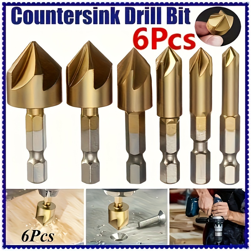 

6pcs Titanium-coated Chamfering Drill Bit Set - Steel, 90° Precision Countersunk Heads For , Flawless , Waterproof, Sizes 6-19mm