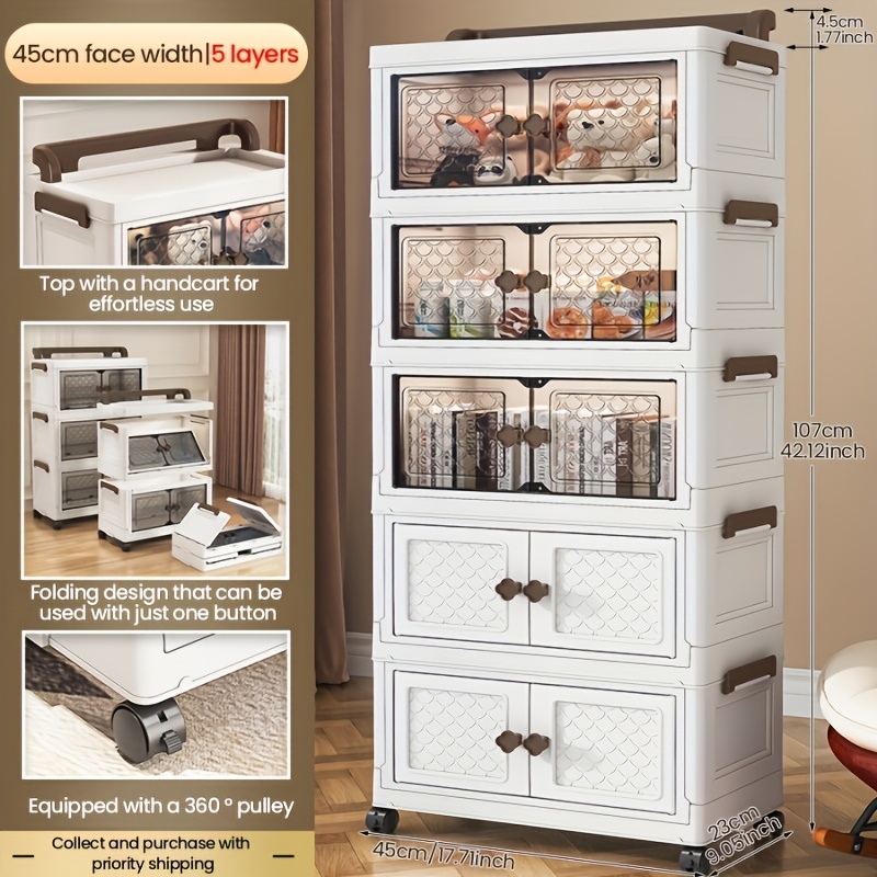 TEMU 1pc Foldable Storage Carbinet With Casters, Large Capacity Plastic Shelving Unit With A Handle On Top For , Suitable For Closets, Bathrooms,