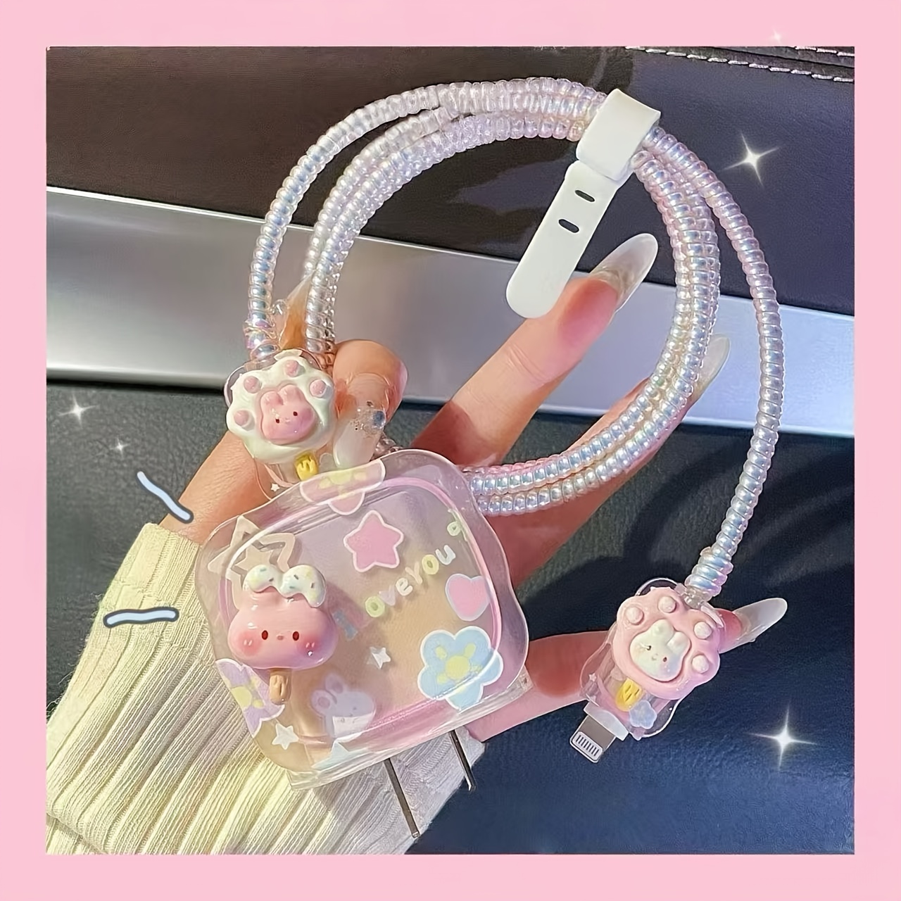 TEMU 5pcs Set Wavy Bunny Cartoon Data Cable Protector, 20w, Compatible With Iphone 16, Iphone 15 Pro Max, Fast Charging For Iphone 13, Case Charger