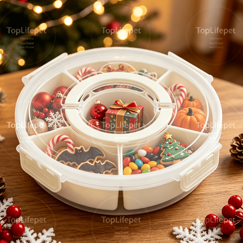 Image of 1pc - 6-panel Pp Non-rotating Tray With Lid And Handle, Round Snack Box Container - Portable Travel Snack Container For Storing Food, Outdoor Party Snacks, , And Spice Storage Box
