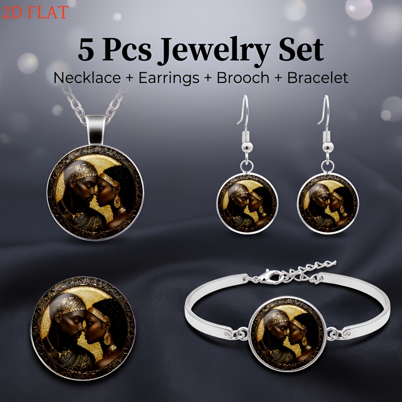 5pc African-Themed Couple Portrait Jewelry Set, Light Luxury Gift