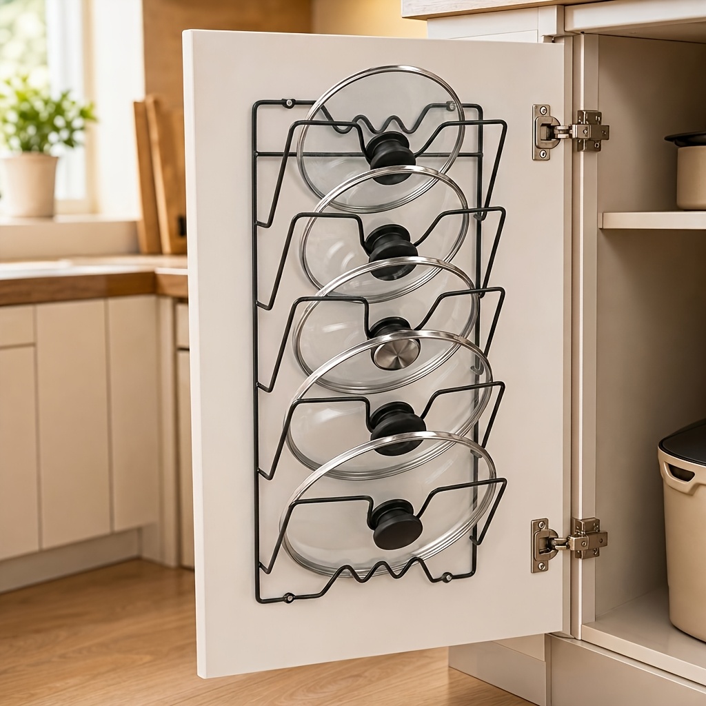 TEMU 1pc Large Size Wall-mounted Pot Lid Storage Rack, Thickened Polished Stainless Steel Material, Multifunctional Kitchen Organizer, Space-saving