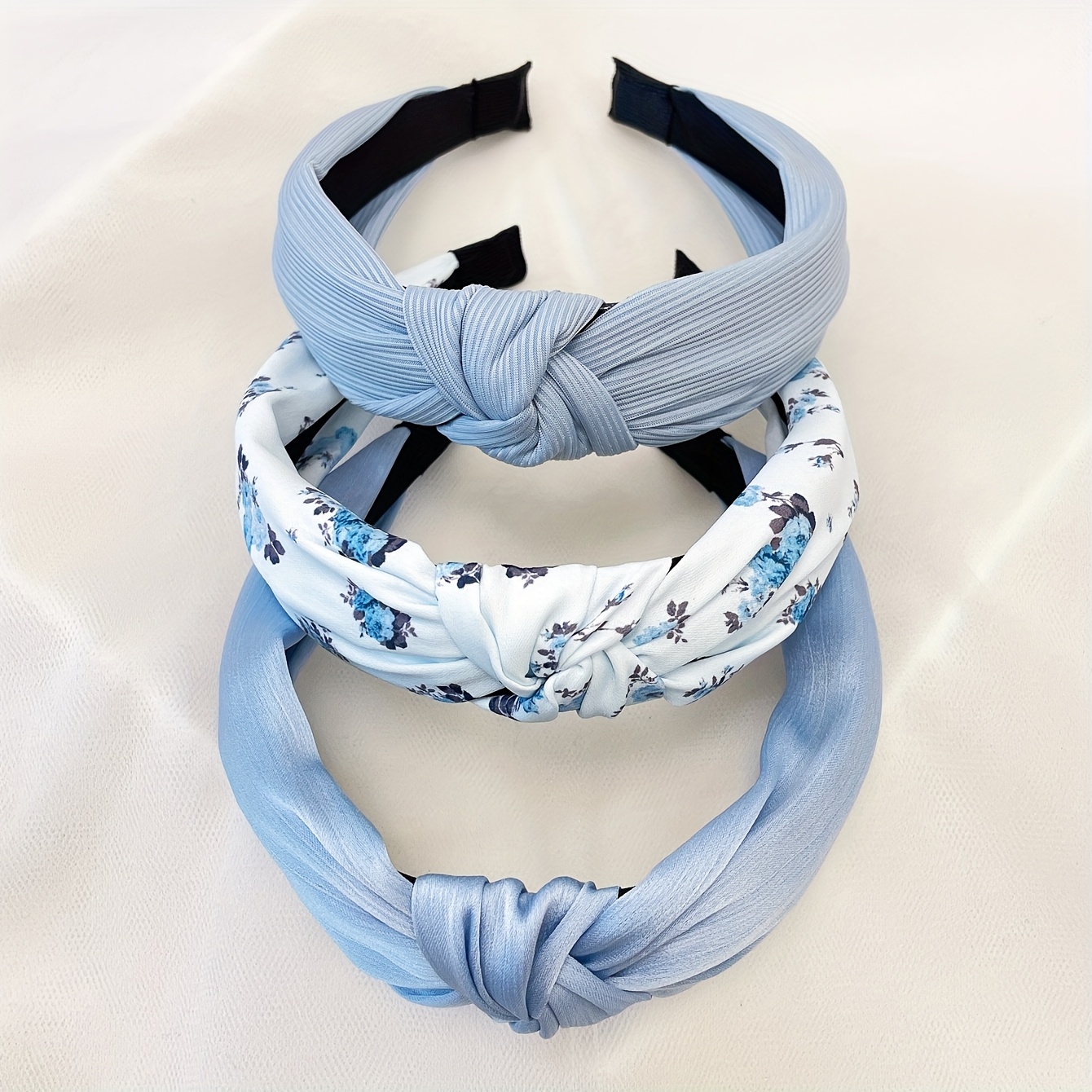 E-shop 3-teiliges Set Damen Blumenmuster Unifarben Blau Stirnband Sommer Süß Campus Stoff Waschbar Haarband Haarverzierungen Geeignet für den täglichen