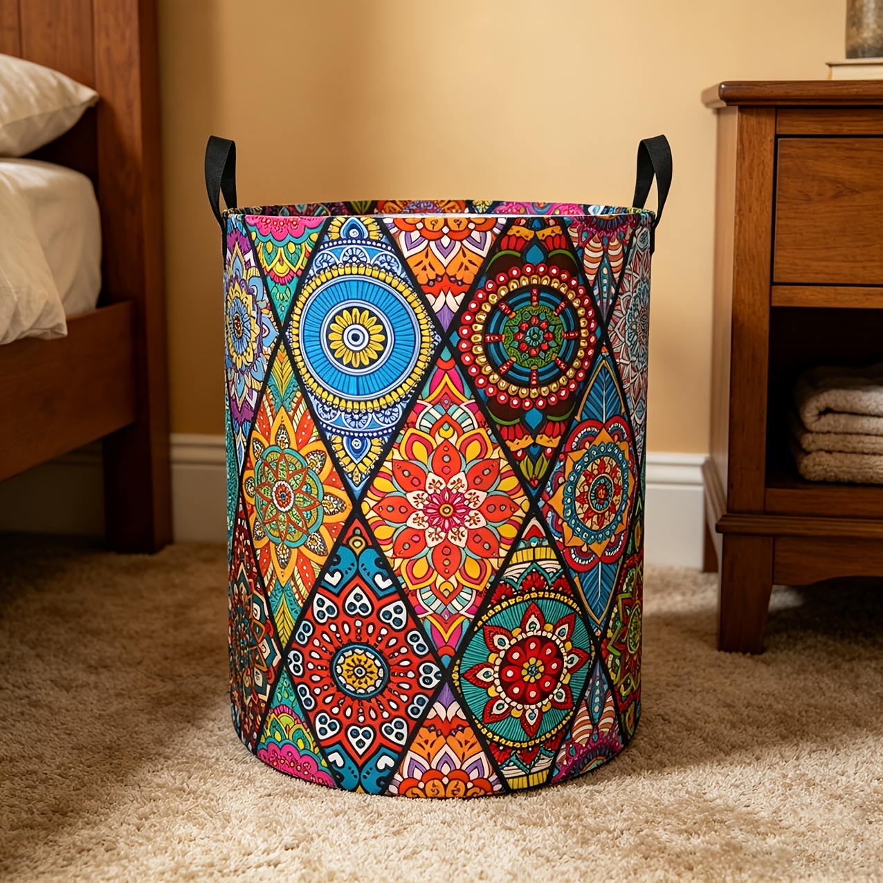 TEMU 1pc, Bohemian Mandala Pattern With Handle Dirty Clothes Blue. Foldable, Durable, Easy To Clean, Suitable For Use In Bedrooms, Bathrooms,