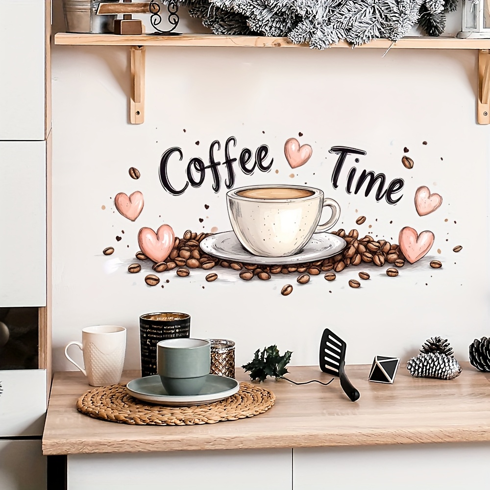 Coffee Cup Wall Decals - Self-Adhesive Coffee Beans & Hearts