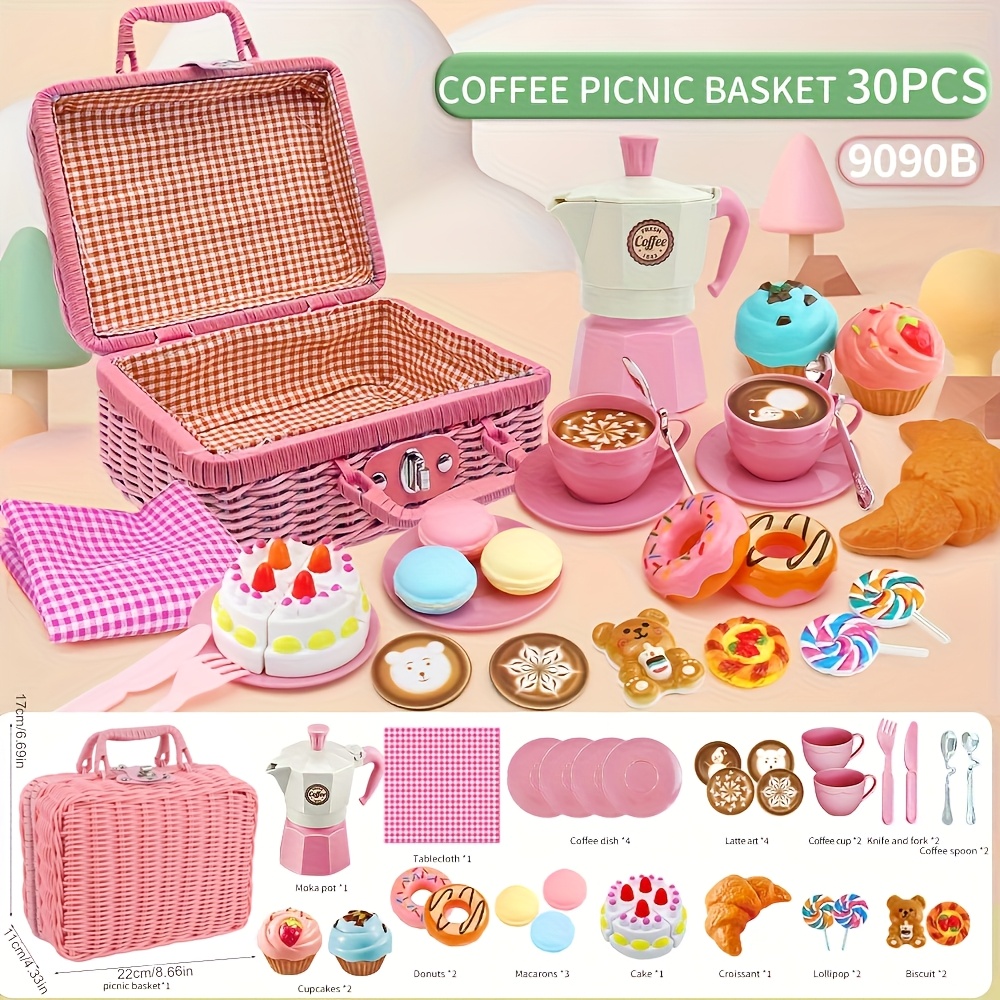 Image of The Little Girl Pretends To Play With A Picnic Basket, Tea Party Set, Tea Set Including Coffee Machine, , Cake, Game Food, Birthday Gift Set