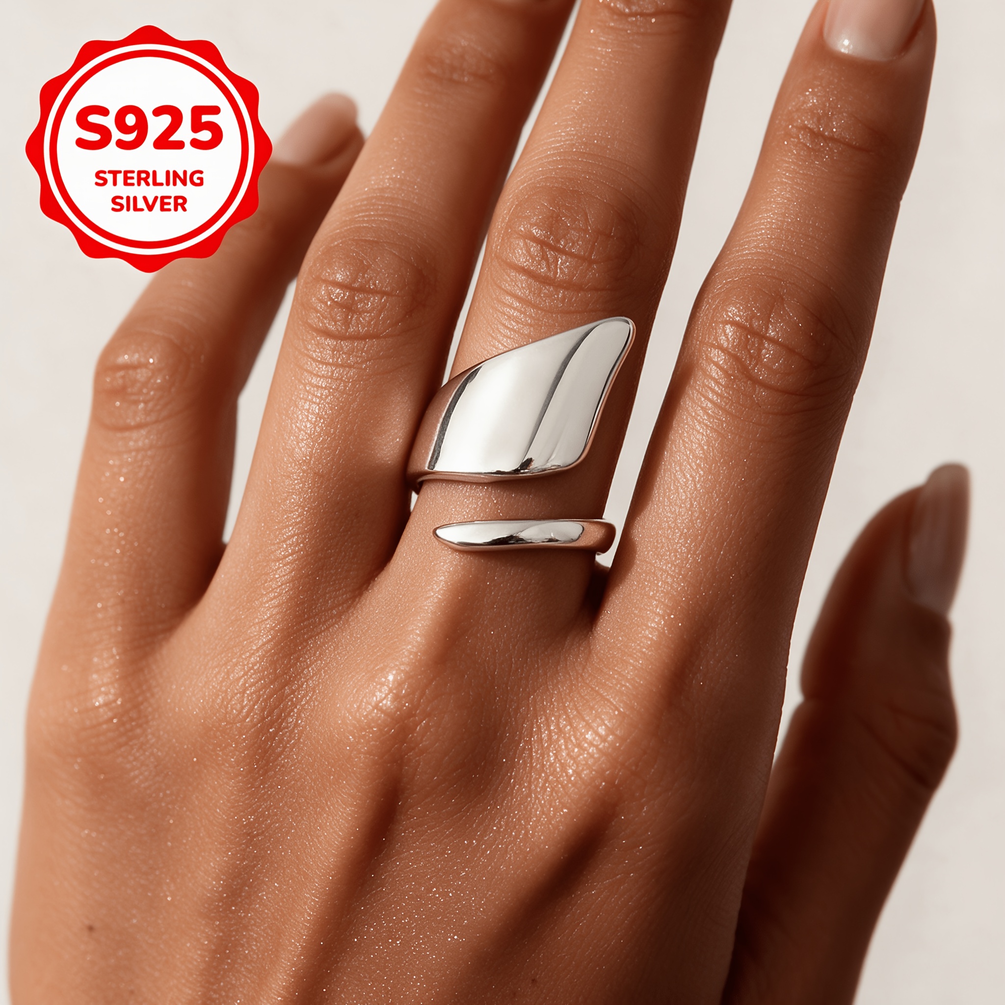 Women's 925 Silver Irregular Glossy Adjustable Ring, Versatile Design