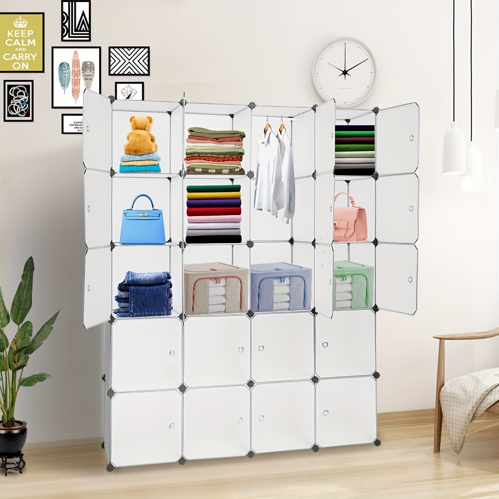 

Organizer Stackable Plastic Cube Storage Shelves Design Multifunctional Modular Closet Cabinet With Hanging Rod White