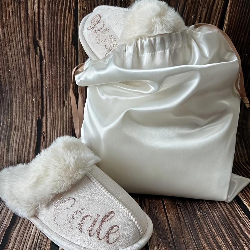 

1 Pair Customizable Velvet Slippers Gift Set With Drawstring Bag - Personalized Indoor House Shoes For Women, Fleece Lined, , Fabric Insole - Ideal For Christmas, Family, Grandparents, ,