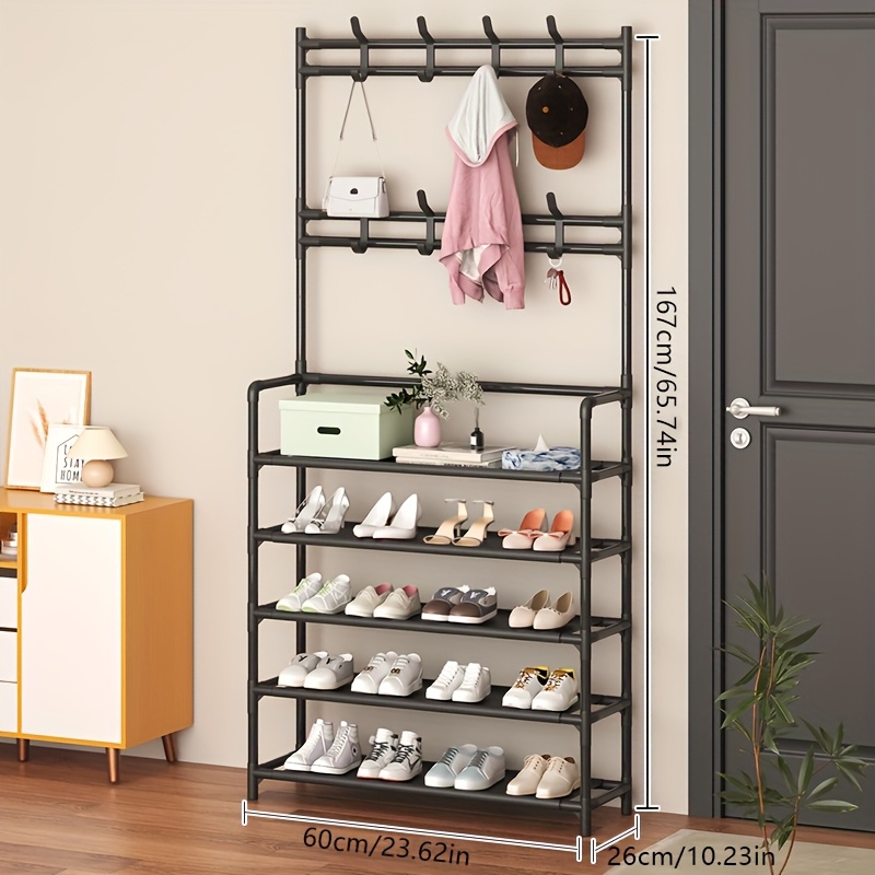 5-Tier Stainless Steel Coat Rack and Shoe Rack - Space-Saving Entryway Organizer with Hooks for Jackets, Hats, Bags, and Umbrellas - Easy to Assemble, Versatile Storage for Bedroom, Hallway, or Office, Accessory Rack | Stylish Modern Shelf | Durable