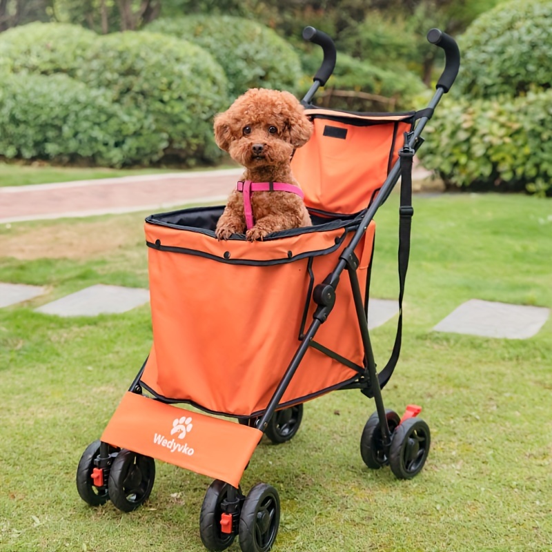 Pet Stroller Designed For Small Dogs And Cats, Featuring An Frame And Clasp, Along With A Storage Basket And Pouch