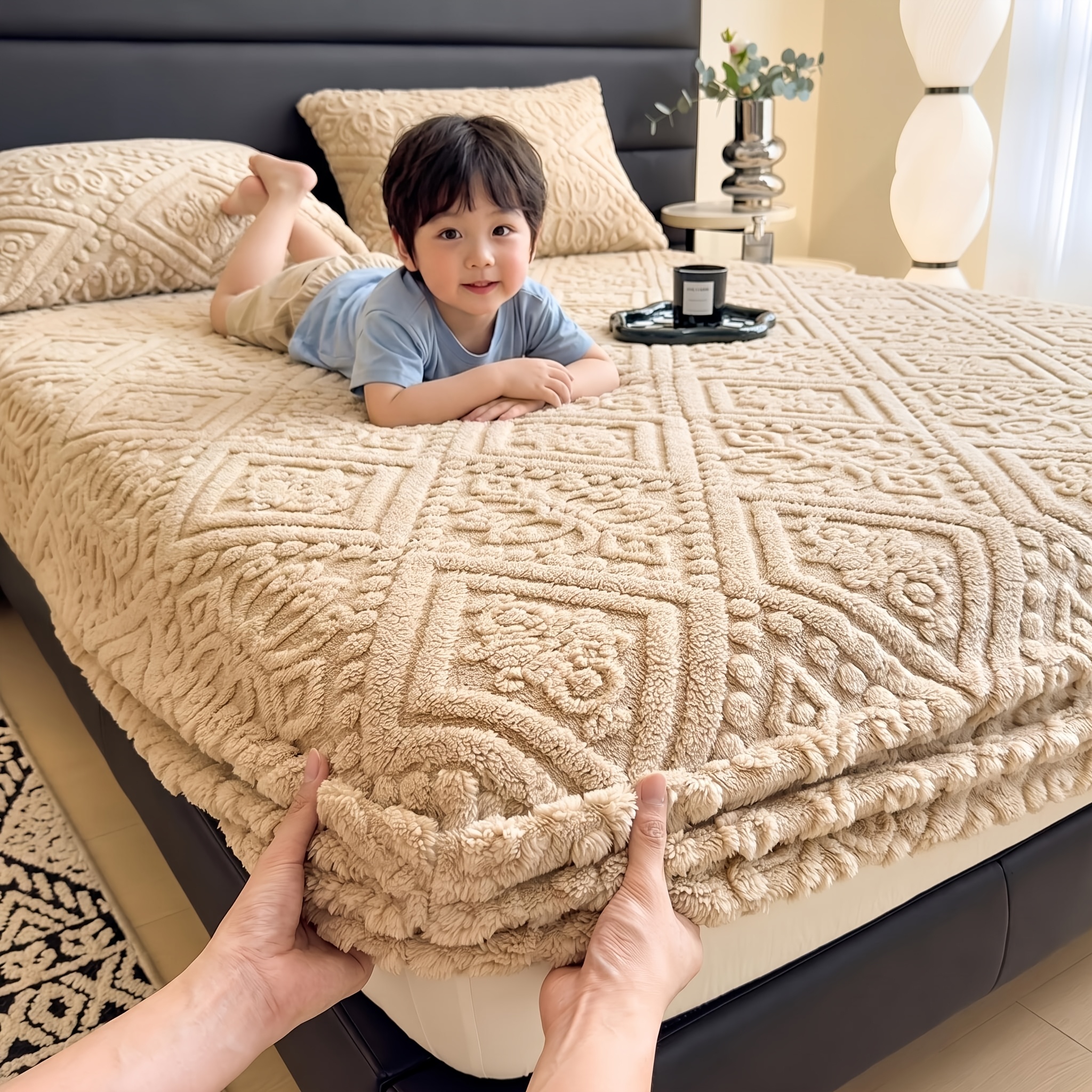 TEMU Cozy Warm Fitted Bed Sheet For Kids, Embossed Pattern Fleece Bedding, Elastic Edges, Pillowcase Not Included, Fall & Winter Indoor Home Decor,