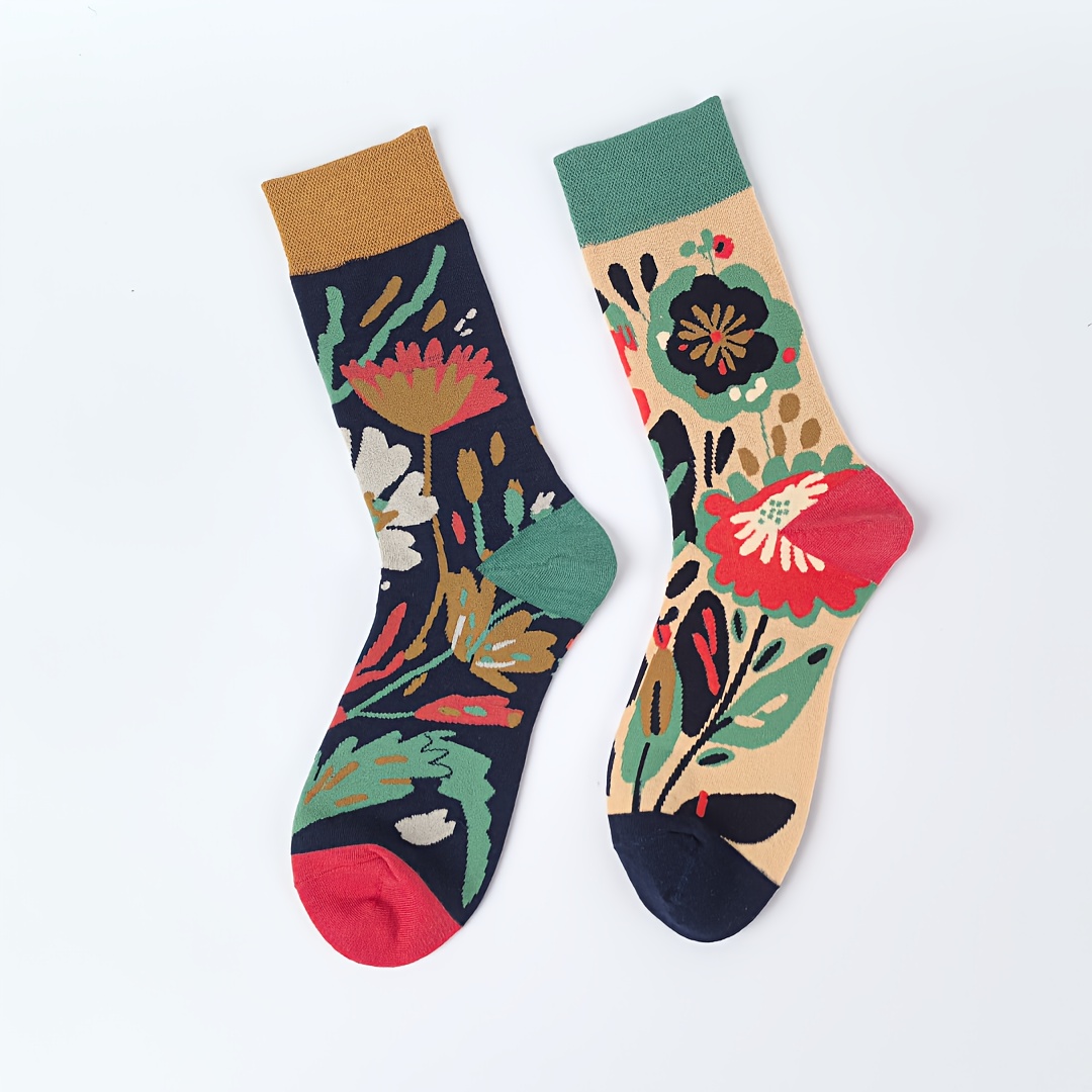 E-shop 1 Paar Kreative Asymmetrische Stil, Ölmalerei Blumenmuster, Unisex Trendige Mode Mid-Calf Socken