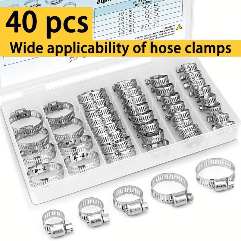 

40-piece Stainless Steel Worm Gear Hose Clamp Kit, Metal Round Ferrule Hose Clamps, Adjustable Sizes From 1/4" To 1-1/8", General Purpose For Pipes, Intercoolers, Plumbing And Fuel Lines