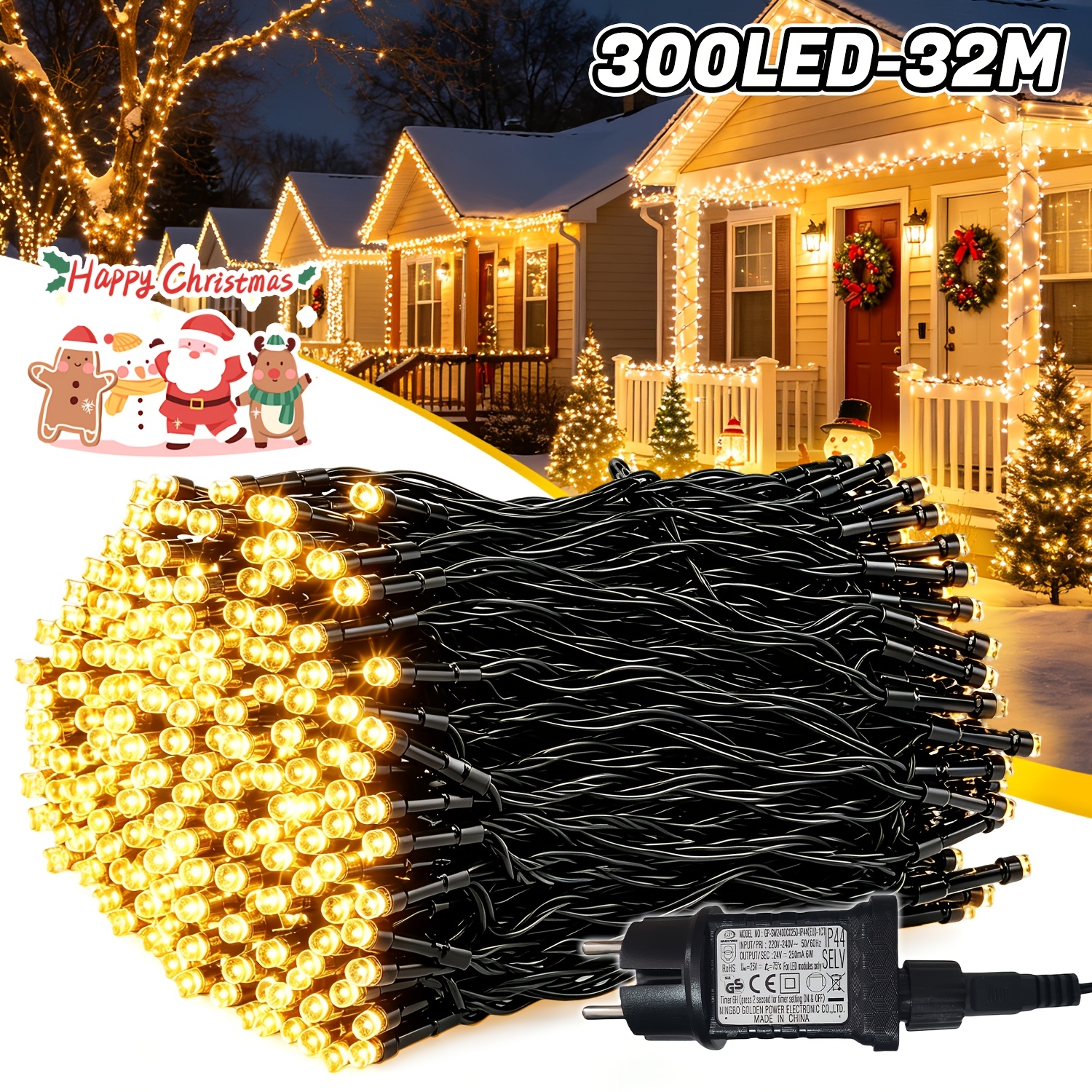 TEMU 1 Pack 300/200/100led Garden Fairy Lights, 32/22/12m Dark Green Cord Lights, 8 Fairy Tale Outdoor String Lights, With Memory & Timer Function,
