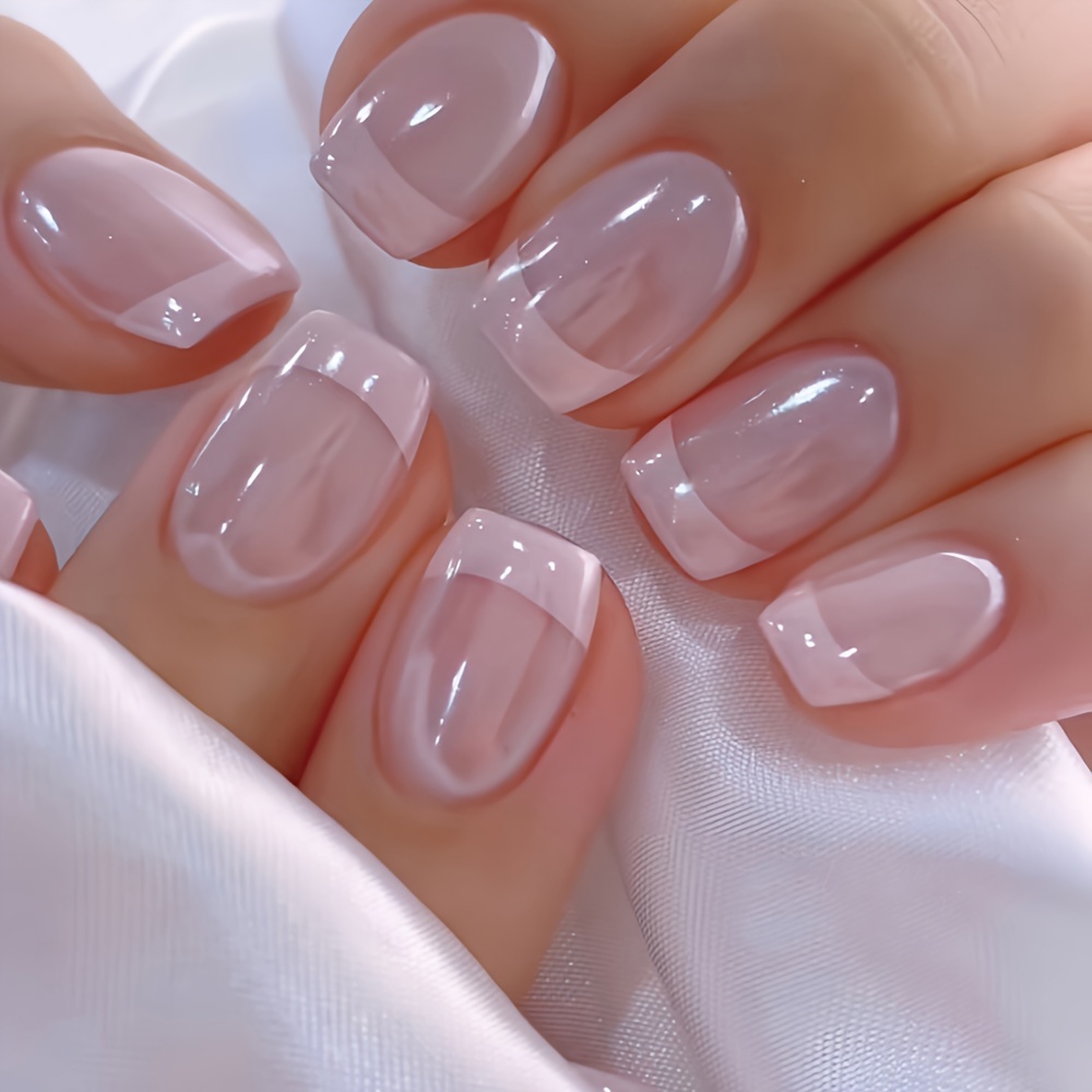 

24pcs Press-on Nails Set, Sweet Pink French Style, Square Shape, Short Length, Glossy Finish, Removable Fake Nails With Jelly Glue And File, Beauty Personal Care, Nail Art Accessories