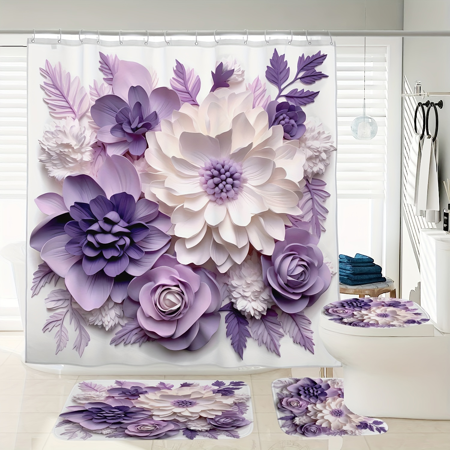 

1/4pcs Purple Flower Printed Set, Waterproof With Hooks, Non-slip Bathroom Rug, Toilet U-shape Mat, Toilet Lid Cover Pad, Bathroom Decor