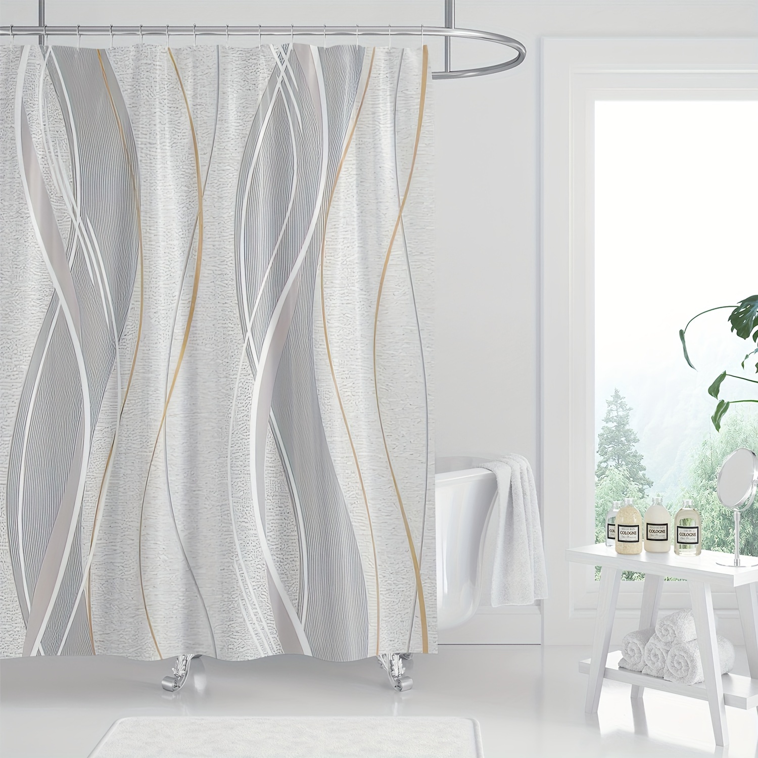 

1pc Modern Geometric Abstract Shower Curtain, Gray And Gold White Lines, Digital Print, Bathroom Decor, Waterproof Fabric, Machine Washable