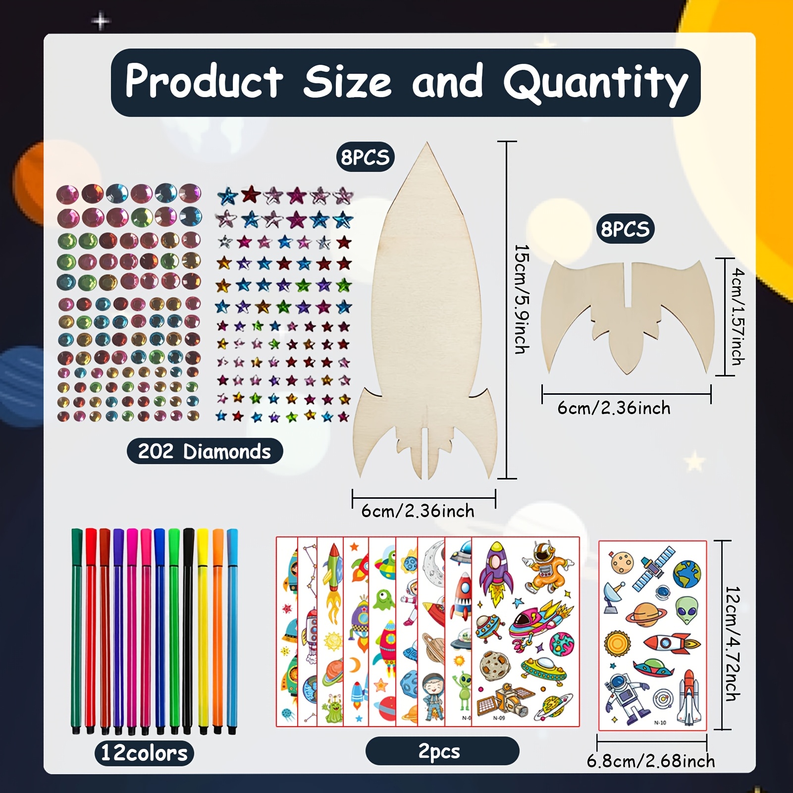 Image of 232pcs Kids Rocket Wood Craft Kit, Rocket Toys, Birthday Crafts, Includes 16pcs Rocket Wood, 202pcs Rhinestones, 12pcs Colored Pencils, 2pcs Stickers, Crafts, Girls/boys Crafts