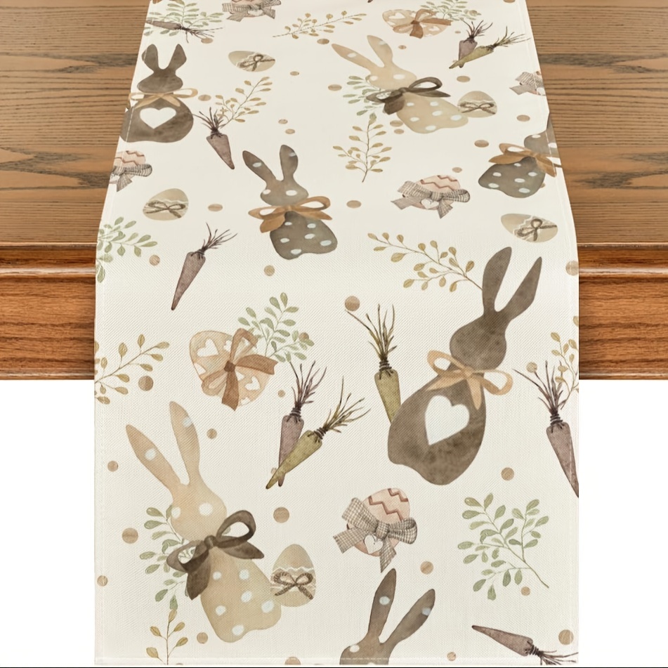 

1pc Easter Bunny And Eggs Linen Table Runner - Woven Rectangular Table Decor With Rabbit, Carrots, And Eucalyptus For Spring Dining And Home Party Decoration