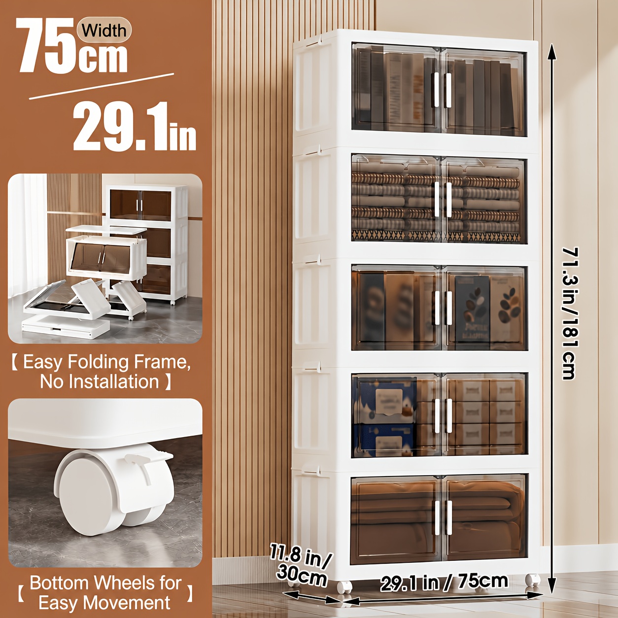 TEMU Armadietto portaoggetti pieghevole extra large da 88 cm per ufficio, organizzatore impilabile in plastica a 3/4/5 ripiani con coperchi e ruote,