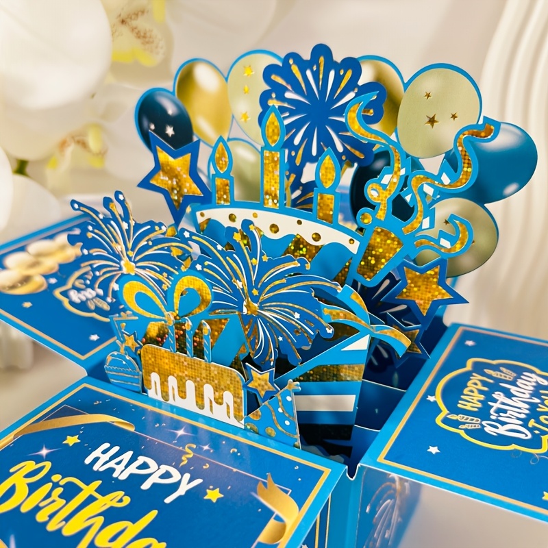 

3d Pop-up Blue Birthday Card Box With Handcrafted Paper Design - Unique Cartoon Theme, Greeting For Anyone, Embossed, , Birthday , Cartoon Theme