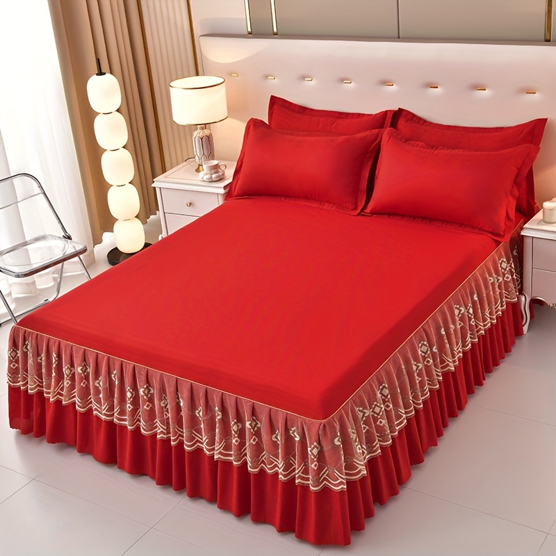 

New Korean Luxury And High-quality Good Sleep Red Solid Color Bed Skirt + Pillowcase