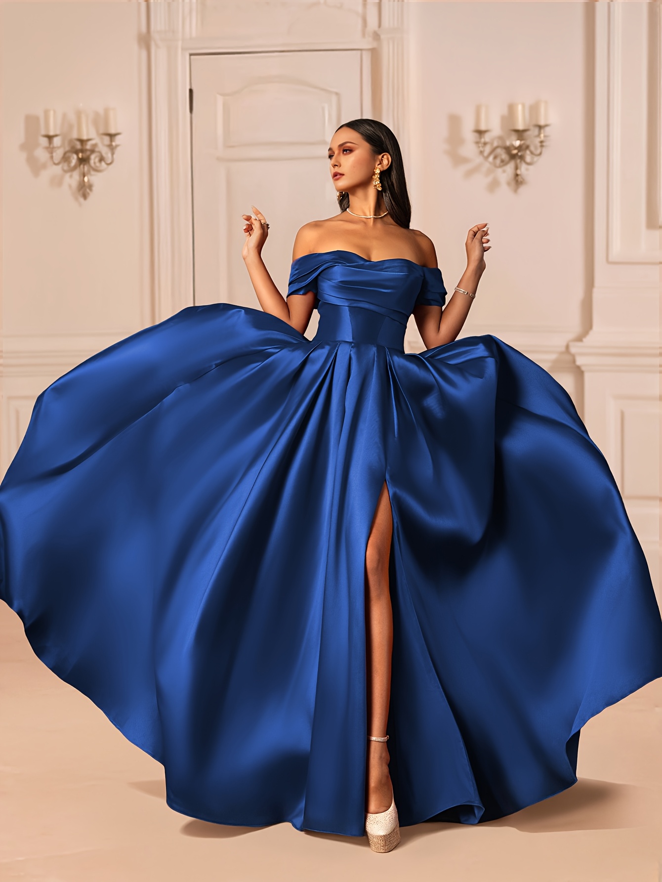 han women's elegant shoulder v neck evening gown navy Temu