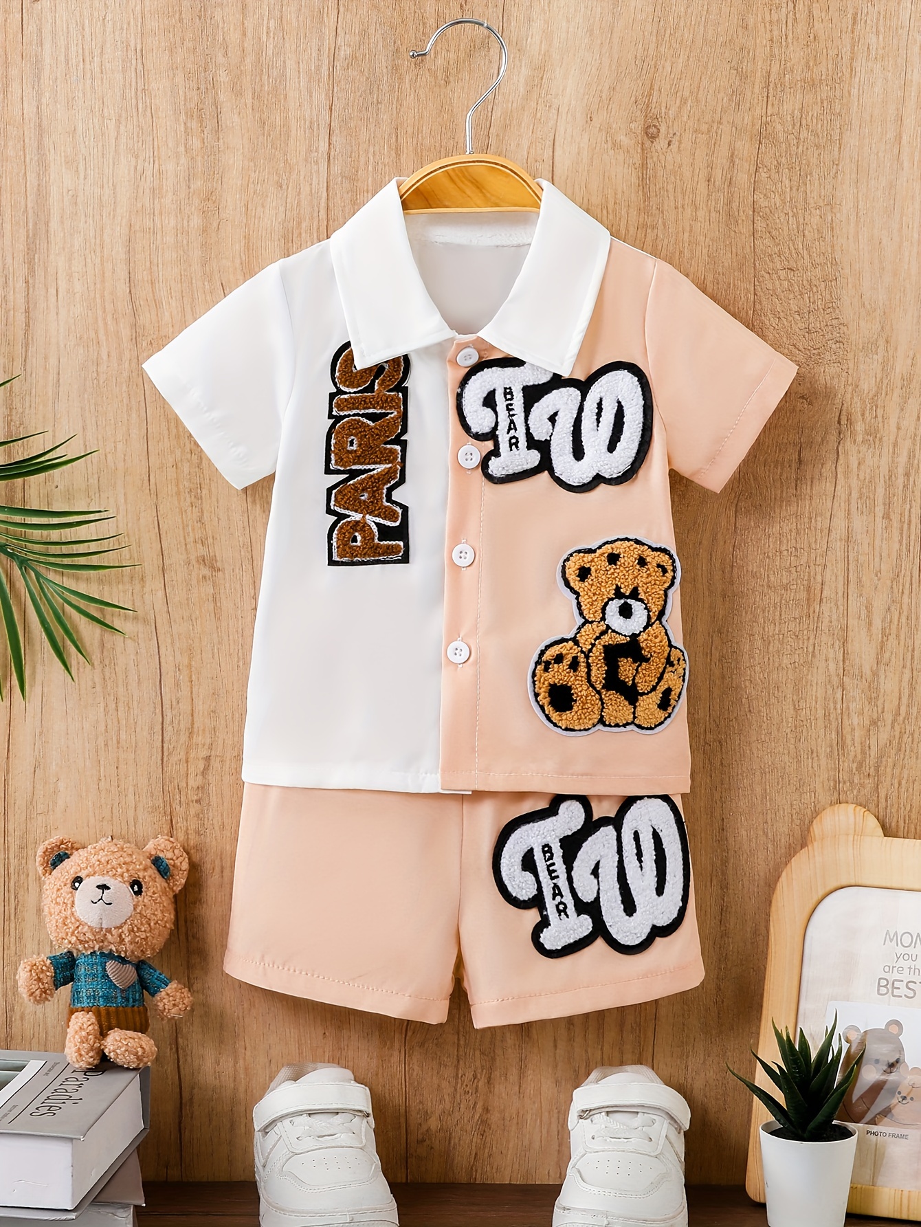2pcs Baby Boy All Over Bear Print Short-sleeve Tee and Denim Shorts Set