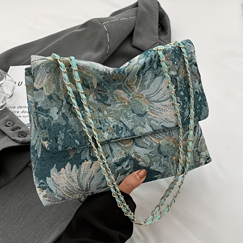 TEMU Dragon Floral Women' Shoulder Bag - Lightweight Handbag With Removable Shoulder Strap & Magnetic Closure, Machine Washable For Casual & Formal