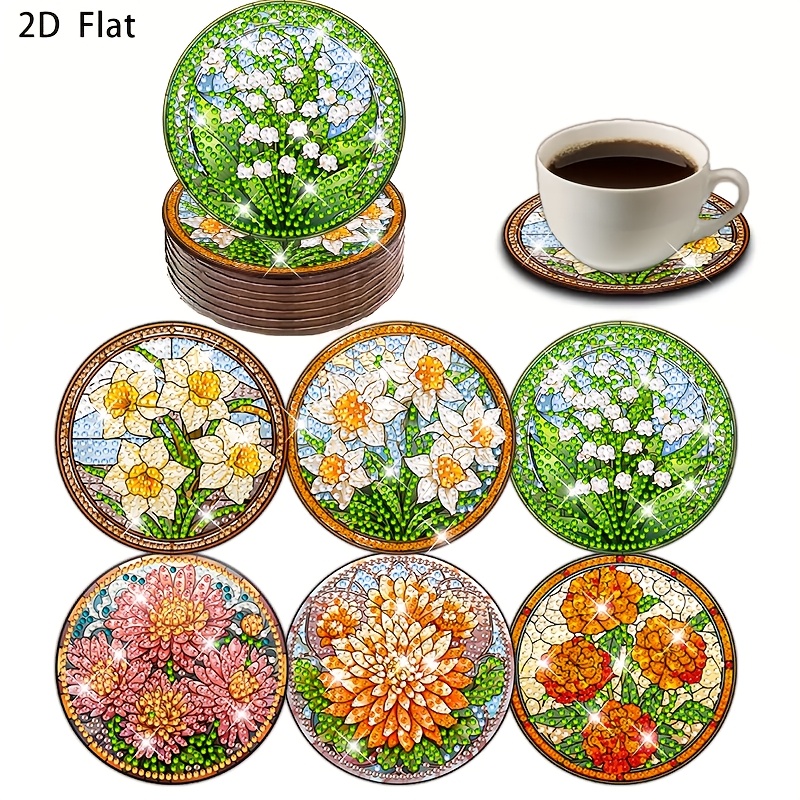 TEMU 6pcs 6pcs Lily Of The Valley Coaster Set Suitable For Decor, Non-slip Drink Mats With Round Diy Diamond Painting Coasters, Car Cup Holders,