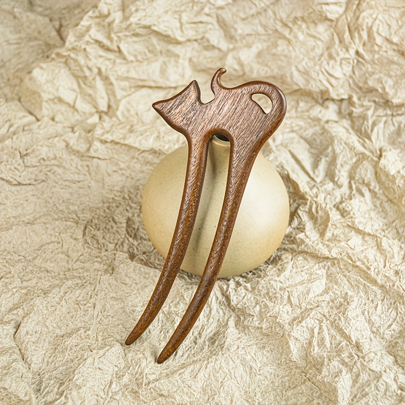 

Elegant Vintage-inspired Sandalwood Cat Hairpin - Fairy-themed Wooden Hair Stick For Updos & Buns, Non-feathered Accessory