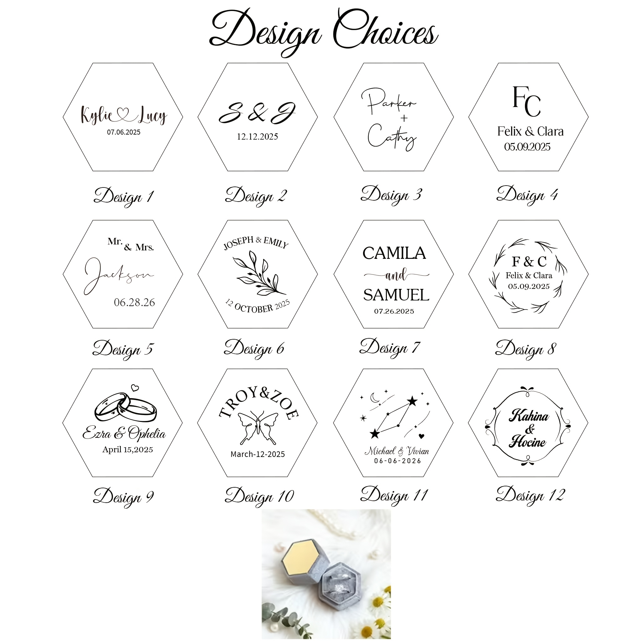 Personalized Hexagonal Velvet Ring Box, Custom Name and Date