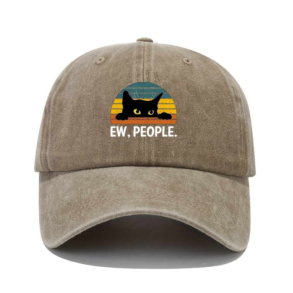 vintage washed black baseball cap with cute cat ew people graphic adjustable dad hat for men women casual unisex sun hat hand washable sun protection hat   design no stretch fabric outdoor accessory streetwear style breathable material   khaki 0