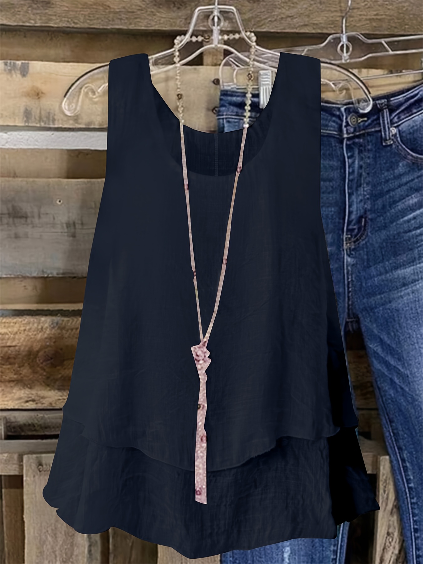 Women's Plus Size Sleeveless Elegant Top - Lightweight Breathable Blue Round Neck Vest, Machine Washable Spring Summer Casual Wear, Elegant Special Line Collection, Sophisticated Design, Textured Fabric