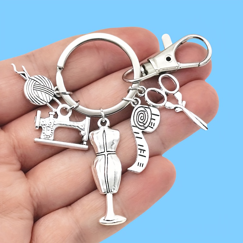Image of 1pc Vintage Sewing Machine Keychain With Scissors, Tape Measure, And Machine Charms - Alloy Tailor Key Ring For Designer Gifts, Vintage Keychain