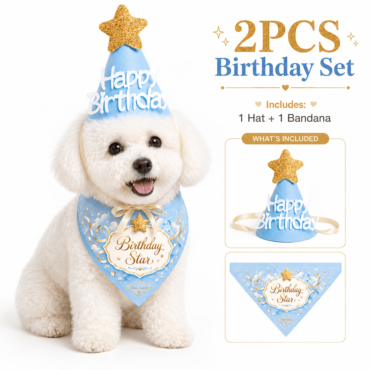 TEMU Paws 2pcs Dog Birthday Additions Set, Pet Birthday Hat And Bandana, Cute Dog Apparel Costume Additions For Small Medium Large Dogs
