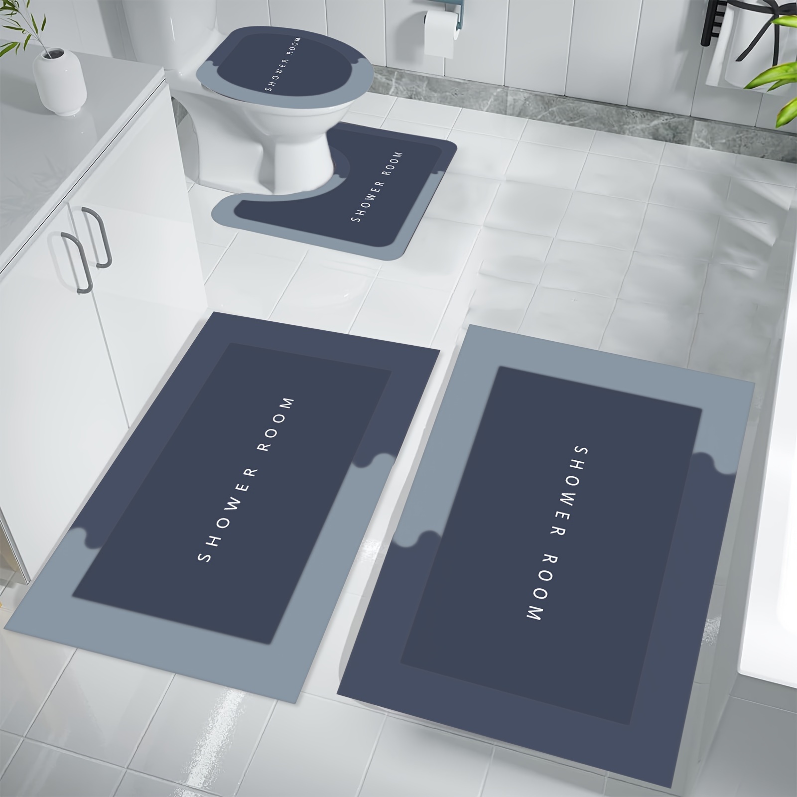 TEMU Stylish 4pcs Bath Mats For Bathroom Machine Washable, Bathroom Rugs Sets 4 Piece Bathroom Toilet Mat Set Quick Dry Non Slip Backing For Safe And For Any Shower Room Bathroom Rug Set