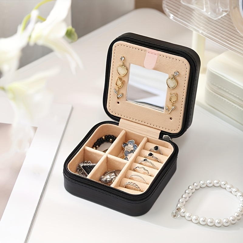 Korean-Style Portable Jewelry Box with Zipper Closure - Multi-Compartment Organizer for Earrings, Rings, and Cufflinks - Travel-Friendly Plastic Case with Fabric Interior, Accessory Storage|Minimalist Design|Zippered Storage Box, Jewelry Boxes