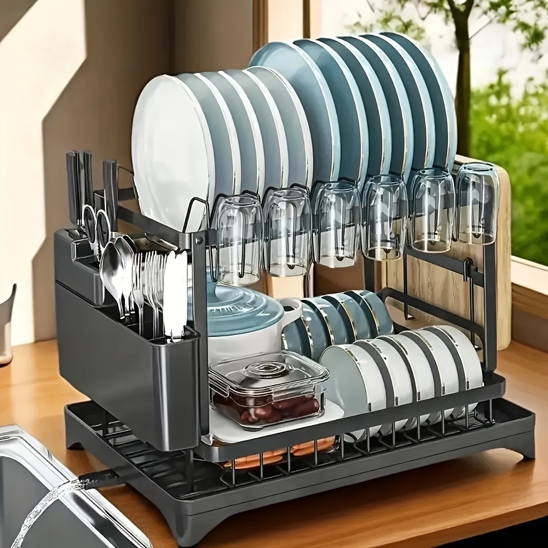 2 tier dish drainer rack for kitchen counter space saving dish rack with utensil holder and cutting board holder large capacity drying rack with draining board black
