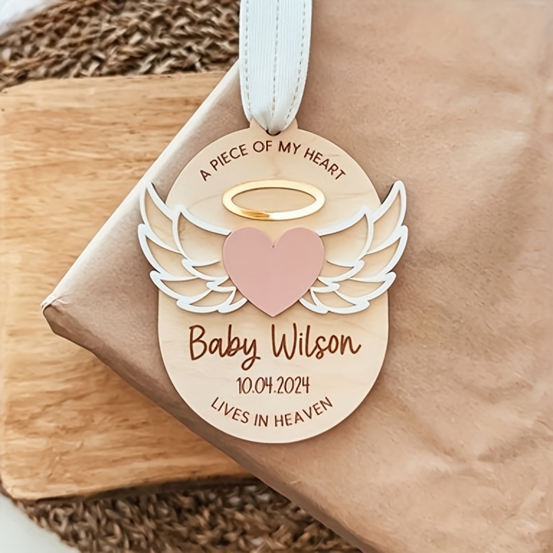 Angel Wing Heart Wooden Hanging Ornament, Personalized Keepsake