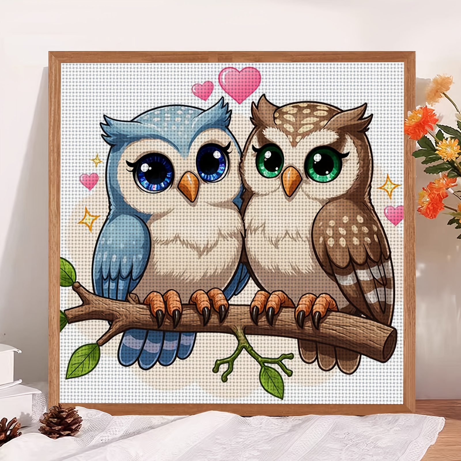 Cross Stitch Kit, Double Owls on Branch Pattern
