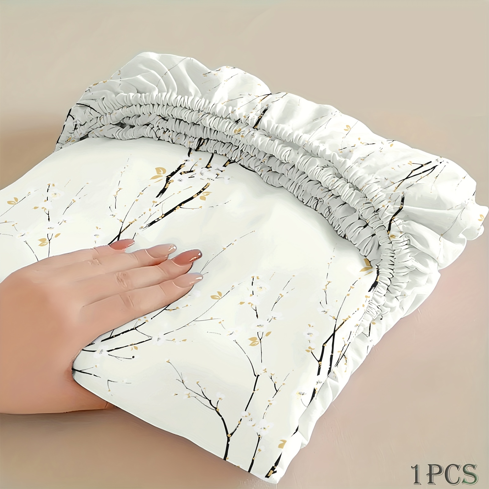 White Fitted Sheet 1pc With Gilded Tree Branch (queen/full/king Size) - And Golden Bedding, Premium Percale Weave, Deep Pocket Hypoallergenic , Style