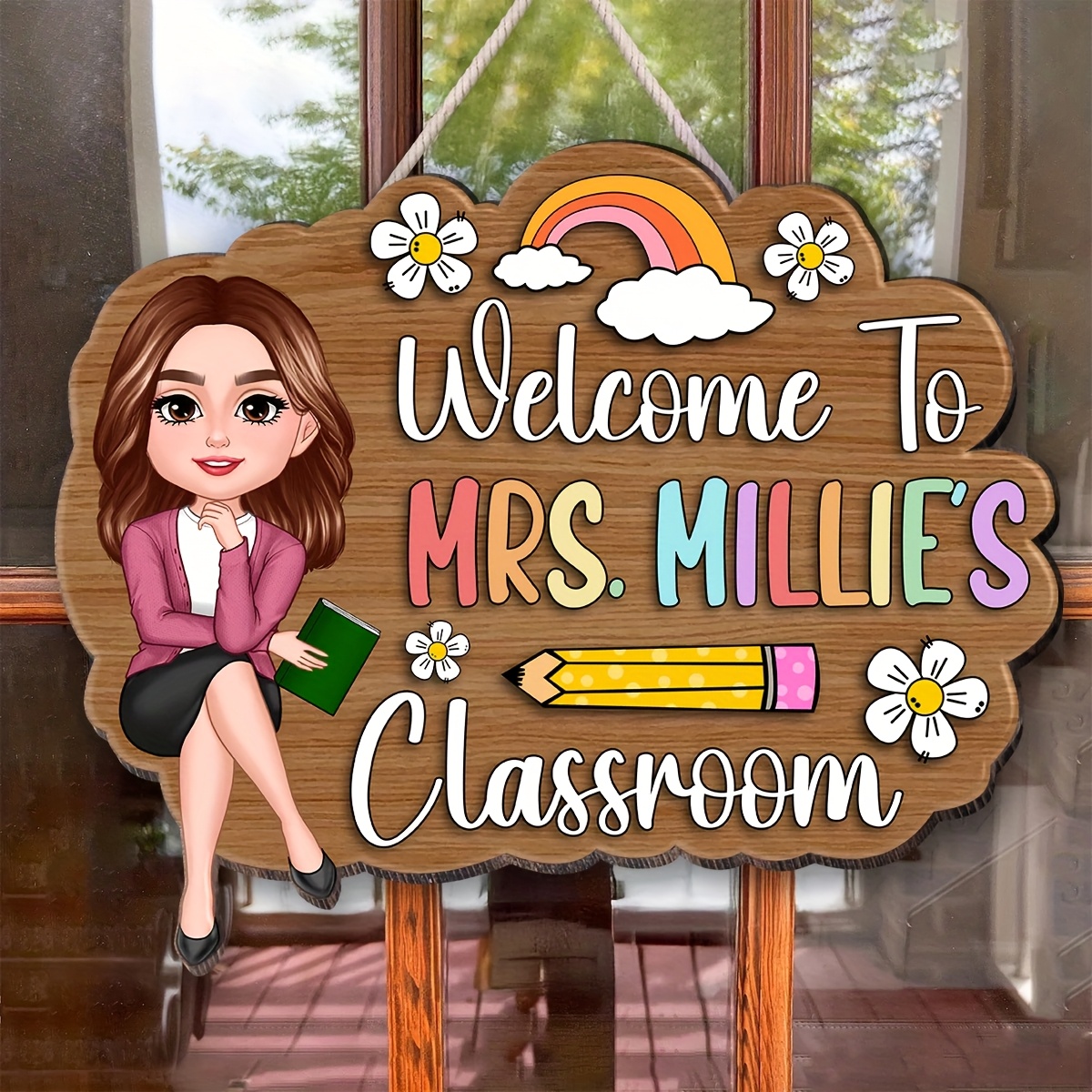 2d flat personalized teacher door sign custom classroom welcome decoration with name mrs     durable acrylic back to school gift for teachers classroom decor easy hanging with chains ropes first day of school decorations   educational design colorful lettering wooden effect board 0