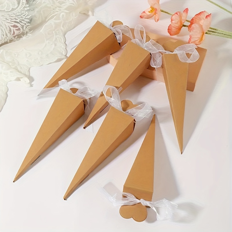 

10pcs/set, Wedding Triangle Paper Candy Box, Bow Ribbon Decoration Creative Diy Ice Cone Three-dimensional Love Gift Box, Suitable For Wedding Birthday Candy Packaging