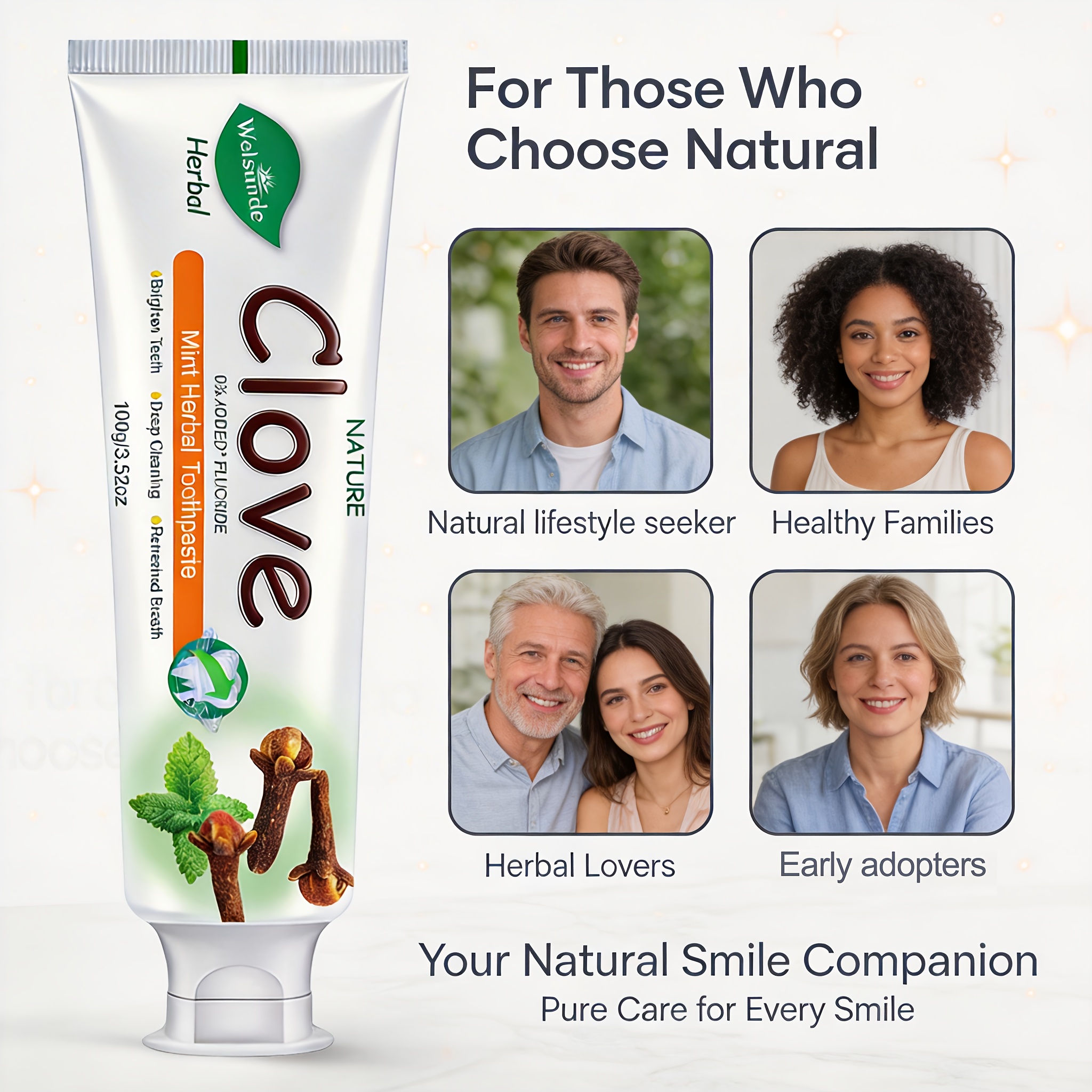 Set of 2 Clove Mint Herbal Toothpaste, No Added Fluoride, Natural Deep Cleaning And Whitening, Refreshing Minty Breath, Herbal Ingredients for Gum Health, Gentle Formula, Travel-Sized Daily Oral Hygiene Gift for Both Men And Women