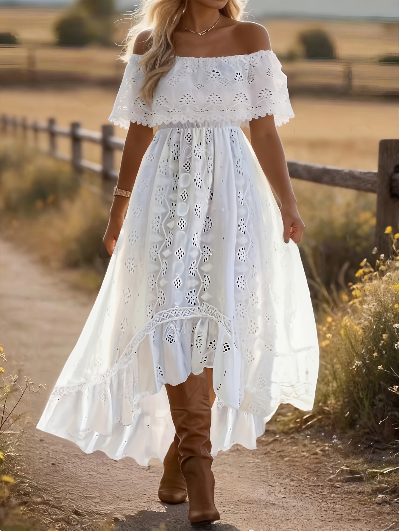 Spring Summer * Style Off-Shoulder Hollow-Out Embroidered Waist-Cinching  Irregular Long Dress, Ethereal And Gentle Vacation Date French Country  Style Dress, Boho Dress