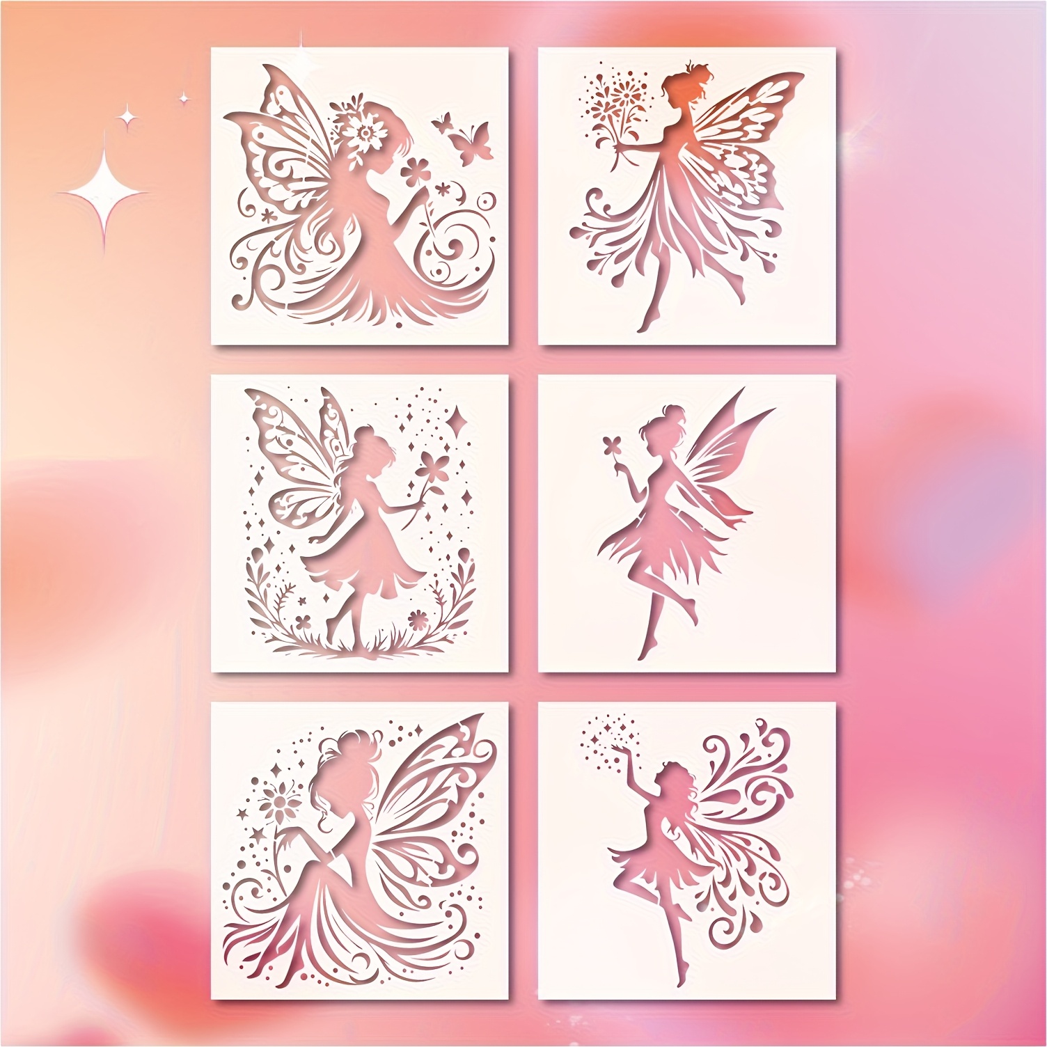 Image of Set Of 6 Fairy Stencils Measuring 7.87x7.87 Inches, Made Of Pet For Crafting Wall Decals, Gift Cards, Handmade Decorations, Painting, Embroidery, And Scrapbooking