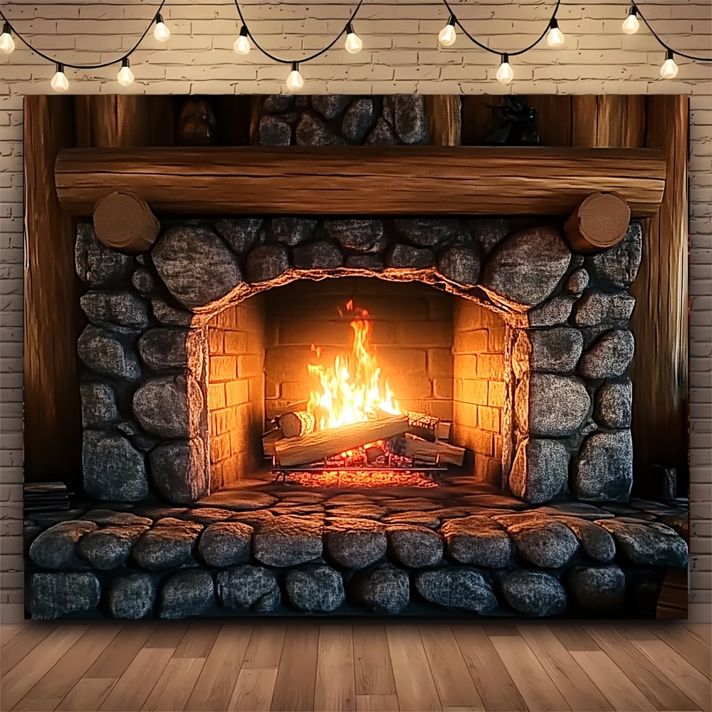 

Vintage-inspired Fireplace Wall Tapestry With Blacklight Effect - Polyester, Living Room, Bedroom, Office Decor