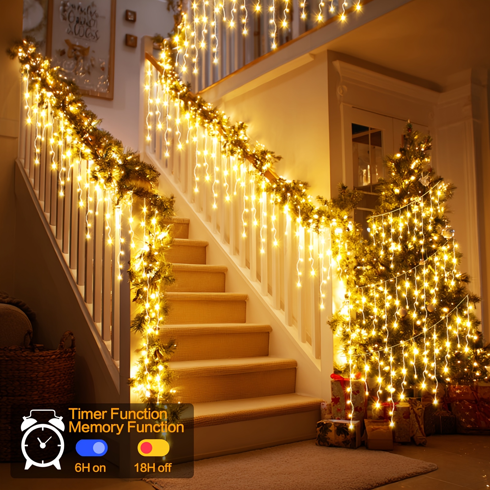 TEMU Guirnalda de luces de Navidad para exterior de 35 920 LED tipo carámbano, temporizador, 8 de iluminación y función de memoria. Diseño conectable
